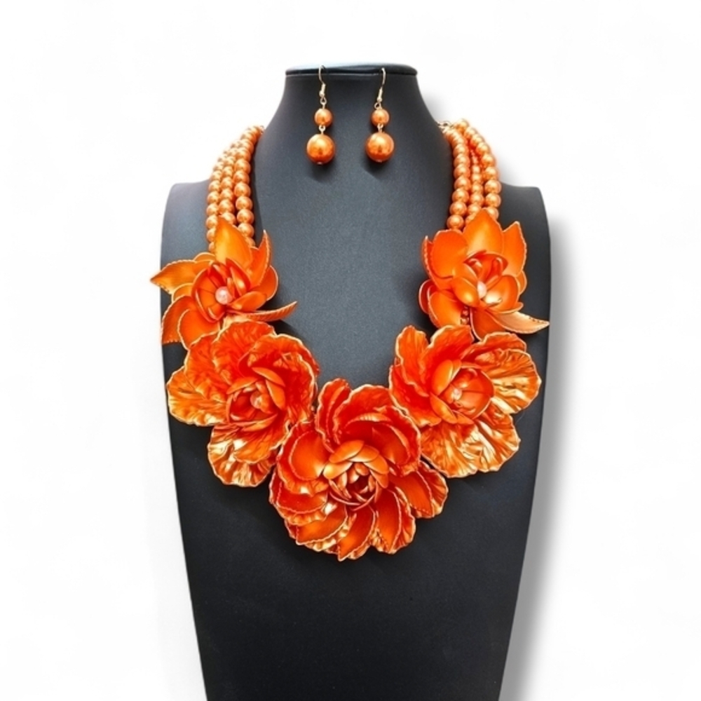 Encore Jeans Orange Floral Necklace and Earring Set